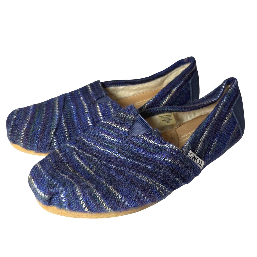 TOMS Classic Wool Alpargata Blue Striped Faux Fur Lined Slip On Shoes W5.5